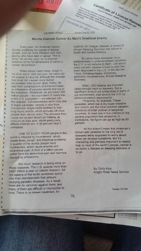 Image: 1978 Miami Harold acticle compares parasites worse than cancer Image: 1978 Miami Harold acticle compares parasites worse than cancer
